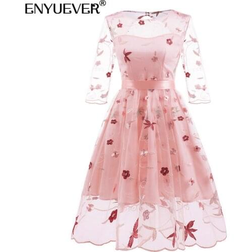 Enyuever Elegant Formal Dress Women Pink Clothes 3/4 Sleeve Backless Lace Embroidery Swing Lolita Party Dinner Dress Vestidos