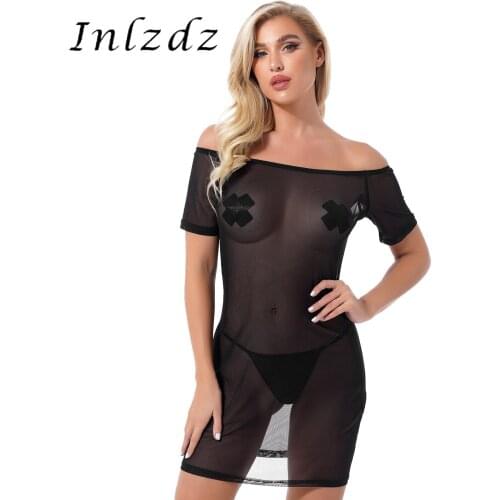 Womens Lingerie See-through Mesh Dress Off Shoulder Short Sleeve Clubwear Vacation Beach Transparents Bikini Swimsuit Cover Ups
