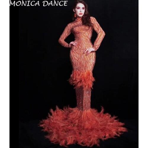 Women Sexy stage Red Rhinestones Feather Dress Birthday Celebrate Women Dress Prom Evening Stage Singer Dancer Train Dress