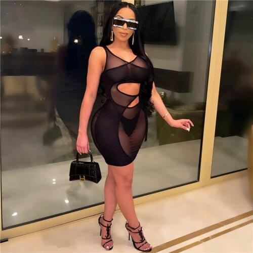 Women Sexy Sheer Mesh Lace Up Bodycon Mini Dress Hollow Out V Neck One Shoulder Long Sleeve Night Club Party Robes Party Wear