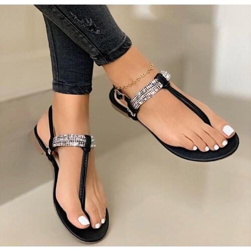 2021 summer fashion rhinestone sandals womens shoes one word large size flat beach sandals women