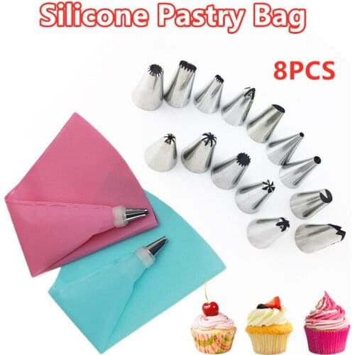 8Pcs Silicone Pastry Bag Tips DIY Icing Piping Cream Reusable Pastry Bags Stainless Steel Nozzle Set Cake Decorating Tools