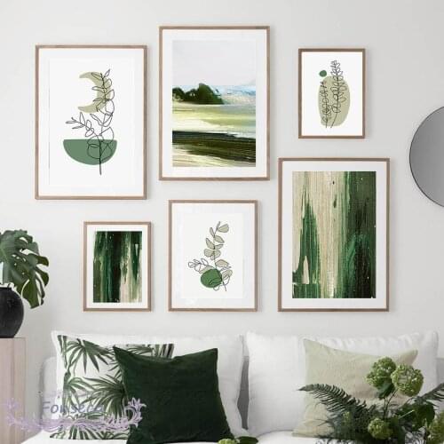 Abstract Green Landscape Oil Canvas Painting Lines Drawing Plants Leaves Poster Life Is Beautiful Quotes Wall Art Pictures
