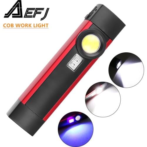 AEFJ Portable 4 Mode COB Flashlight UV Torch USB Rechargeable LED Work Light Magnetic XPE Hanging Hook Lamp For Outdoor Camping