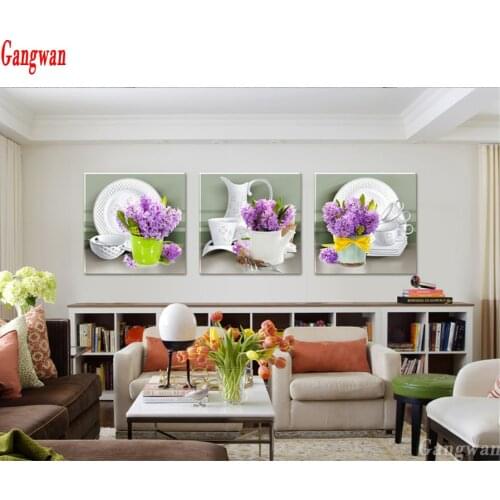 Triptych 5D Diamond Embroidery Lavender vase tableware diy diamond painting 3 pcs cross stitch mosaic picture kitchen decoration