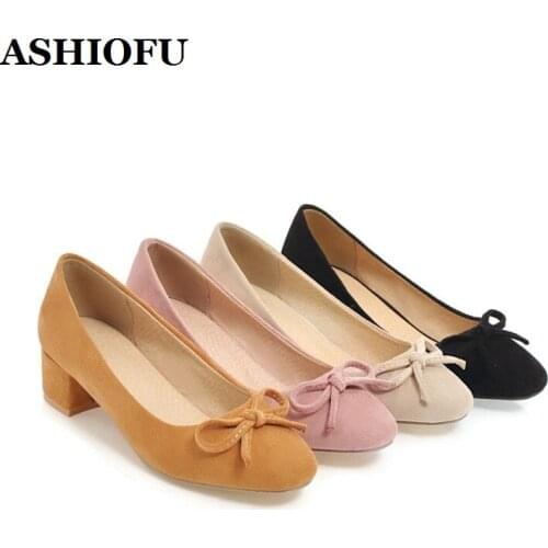 ASHIOFU Wholesale Handmade Low-heel Ladies Pumps Butterfly-knots Slip-on Party Dress Shoes Daily Wear Block-heeled Fashion Shoes