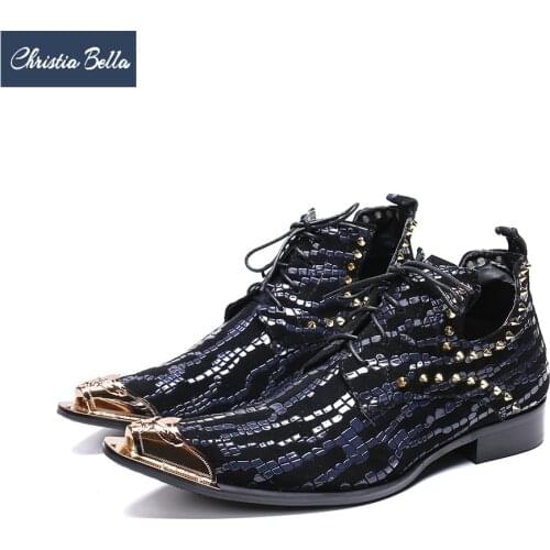Christia Bella Winter Autumn Fashion Pointed Toe Men Dress Boots Plus Size Rivets Lace Up Men Ankle Boots Party Formal Shoes