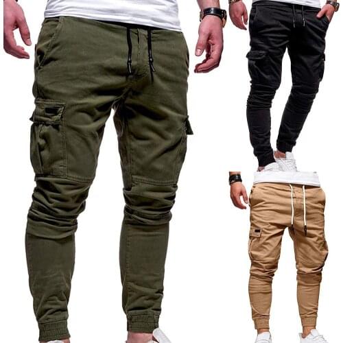 Casual Men Solid Color Multi Pocket Drawstring Ankle Tie Cargo Pants Trousers Pocket Drawstring Ankle Tie Cargo Pants Trousers