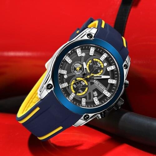 2021 MEGIR Fashion Mens Watches Top Brand Luxury Silicone Sport Watch Men Quartz Date Clock Waterproof Wristwatch Chronograph