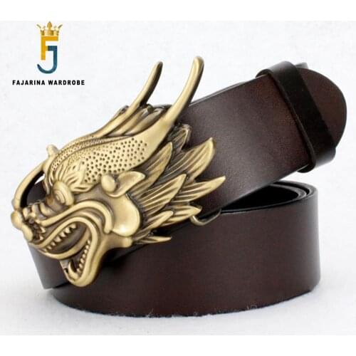 FAJARINA Quality Design Solid Dragon Head Brass Buckle Cowskin Genuine Leather Luxury Brand Smooth Belt for Men 38mm Wide NW0139