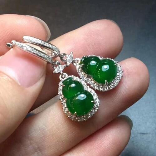 Exquisite craftsmanship silver inlaid full of diamonds natural chalcedony green gourd earrings retro exquisite Chinese jewelry