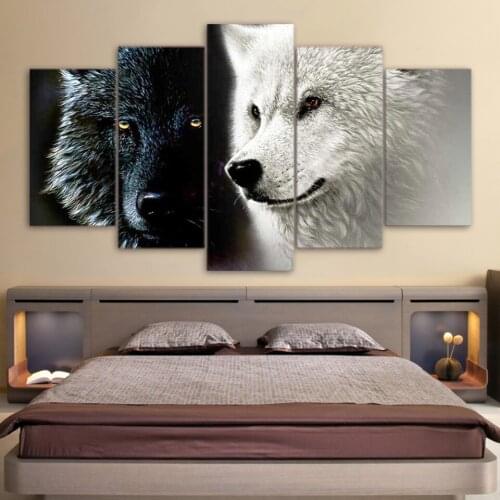 Abstract Black White Wolf Couple 5 Pcs Modern Home Wall Decor Canvas Picture Art HD Print Painting On Canvas for Living Room