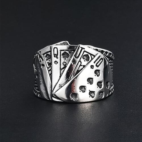 Lucky Poker Flush Ring Men Women Gold Silver Color Stainless Steel Punk Biker Ring Hip Hop Playing Card Ring Magician Jewelry