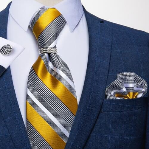 Gold Striped Fashion Men Tie Handkerchief Set New Design 8cm Necktie Ring Business Wedding Tie Gravata Men Accessories DiBanGu