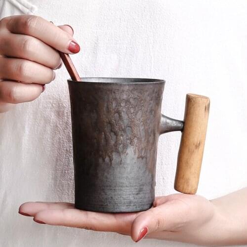 Creative retro wooden handle mug with spoon household ceramic tea cup handmade stoneware office coffee cup Japanese style