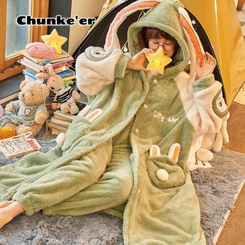 Autumn And Winter Pajamas Womens Flannel Nightgown Womens Thickened Plush Coral Velvet Long Lovely Sweet Bathrobe Home Clothes