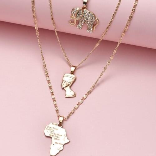 New Multilayer Elephant Portrait Map Necklace Womens Vintage Layered Gold Color Necklaces Fashion Jewelry Female Choker Party