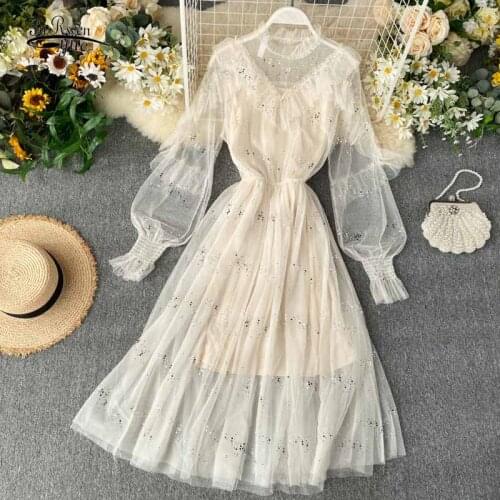 Elastic Waist Slimming Mid-length Pullover Stand Collar Dress French Sequined Ruffled Thin Long Lantern Sleeve Voile Dress 12042