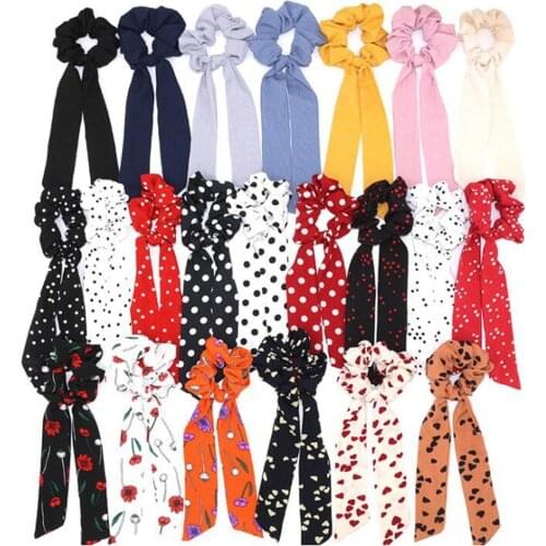 2020 Bohemian Polka Dot Floral Printed Ribbon Bow Hair Scrunchies Women Elastic Hair Band Ponytail Scarf Hair Ties Accessories