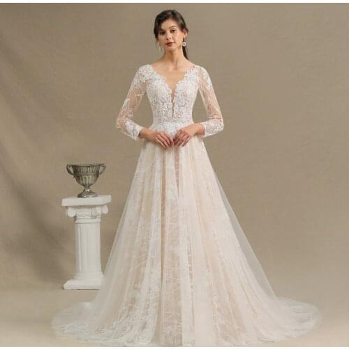 Romantic A Line Beads Lace Wedding Dresses Bohemian Long Sleeve Tulle Open Back Wedding Bridal Gowns Vestido de Noiva