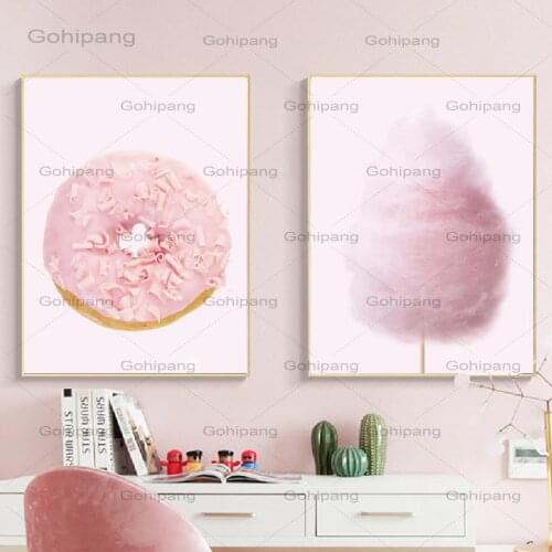 Pink Donut Poster Nursery Decor Pastel Pink Cotton Candy Sweets Wall Art Canvas Painting Nordic Prints Baby Girls Bedroom Decor