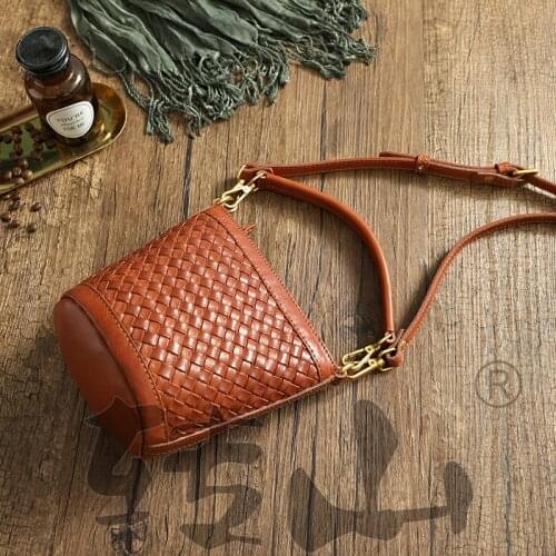 Japan Style Women Knitting Zipper Soft Genuine Leather Versatile Handbag High Quality Literary Girls Cotton Bucket Crossbody Bag
