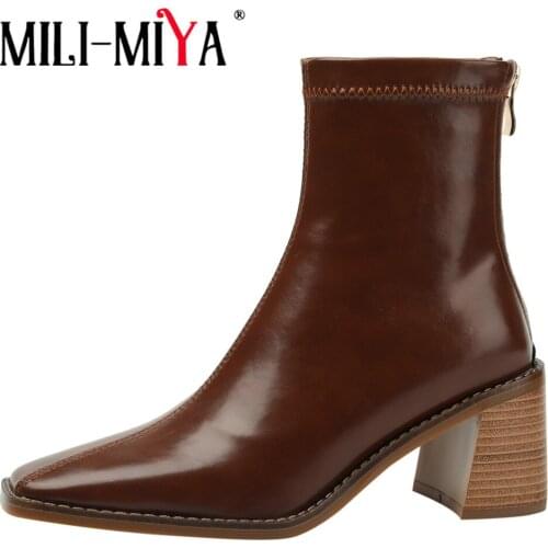 MILI-MIYA 2021 High Quality Leather Women Zipper Ankle Boots Fashion Autumn Square Toe Comfortable Block Heels Daily Life Shoes