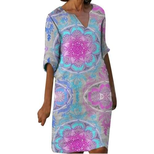 Floral Women Half Sleeve V-neck Casual Dresses Hot Vacation Printed Short Knee-length Shift Dress Loose Straight Harajuku Dress