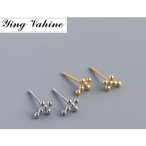 Ying Vahine 100% 925 Sterling Silver Small Round Beads Cross Stud Earrings for Women