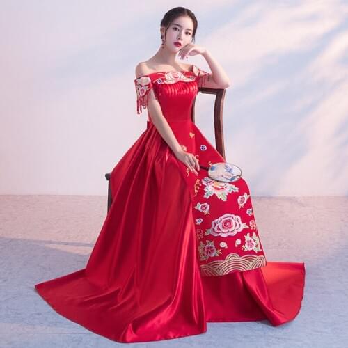 Red Vintage Cheongsam Wedding Chinese Dress Suzhou Embroidery Long Qipao Women Sexy Traditional Cheongsam