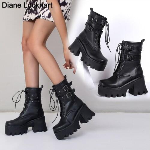 Autumn Fashion Lace-up Motorcycle Boots Women Shoes Super High Heels Platform Ankle Boot Punk Rock Gothic Biker Boots Big Size