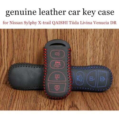 Only Red high quality fit for Nissan Sylphy Xtrail QAISHI Tiida Livina Venucia DR genuine leather Hand sewing car key case