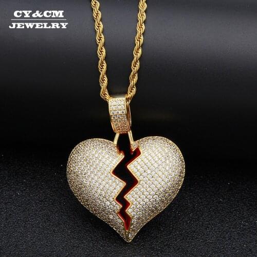 CY&CM Iced Out Broken Heart Necklace Pendant Gold Silver Color Micro Pave Cubic Zirconia Men Women Hip Hop Punk Jewelry for Gift