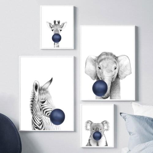 Nordic Kids Room Navy Blue Bubble Elephant Giraffe Child Poster Animal Wall Art Canvas Baby Room Wall Pictures Nursery Decor