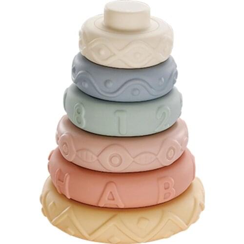 Baby Soft Toys Sensory Silicone Educational Building Blocks 3D Stacking Babies Rubber Teether Squeeze Circle Toys For Infant