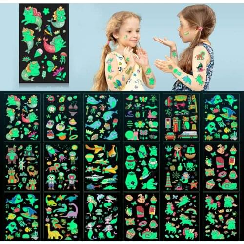 Childrens Cartoon Luminous Temporary Tattoos Dinosaur Unicorn Mermaid Shark Car Fluorescent Waterproof Kids Animals Stickers