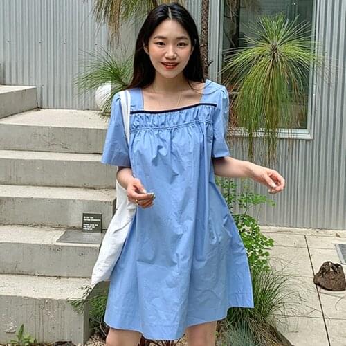 Korea Chic Age-Reducing Sweet Square Collar Contrast Color Pleated Back Tie Bowknot Loose Small Dress Female