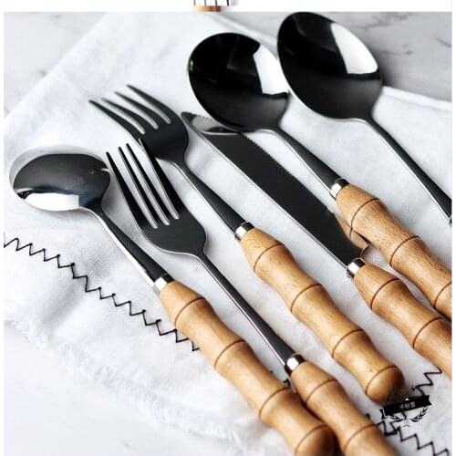 Creative Western Steak Knife Fork Spoon Stainless Steel Wooden Handle Tableware Round Spoon