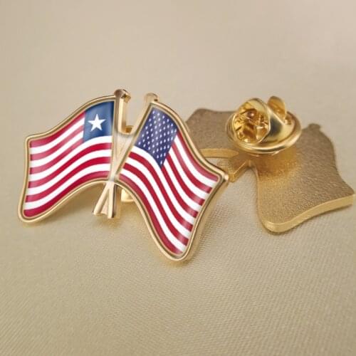 Liberia and United States Crossed Double Friendship Flags Lapel Pins Brooch Badges