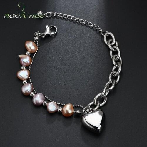 Nextvance Silver Color Heart Pendant Bracelets Simulated Pearl Beaded Bracelet For Valentines Day Gift Adjust Length Jewlery