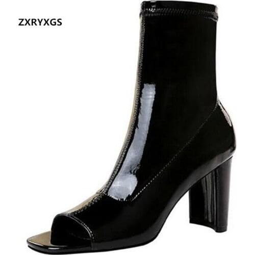 2021 New Fashion Simple Patent Leather Hollow Fish Mouth Women Boots Thick with Highheel Boots Sexy Was Slim Short Boots Black