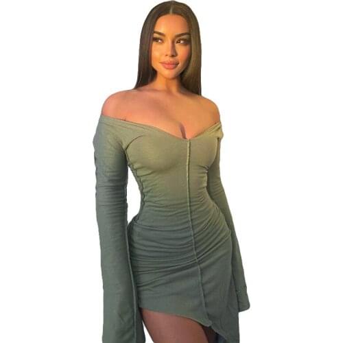 Solid Color Round Neck Low Cut Flare Sleeve Pleated Irregularity Dresses for Women Elegance Sweet Style Winter Vestido