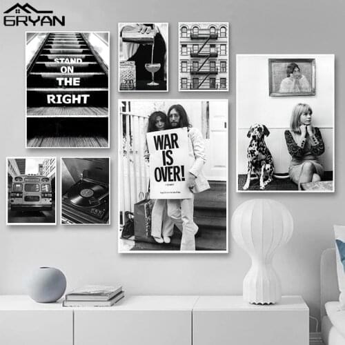 Retro Black White Fashion Canvas Print Painting War Is Over Poster Vintage Bus Sexy Girl House Escalator Record Wall Art Picture