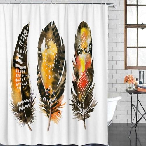 Black Art Retro Yellow Feather Bath Curtains Waterproof Washable Bathroom Shower Curtain Screen with Hooks Accessories