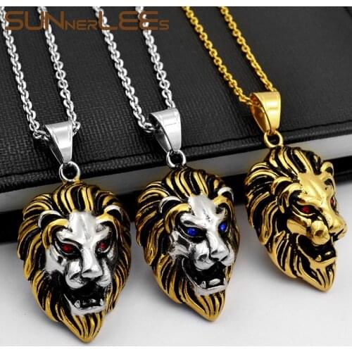 SUNNERLEES Stainless Steel Pendant Necklace Oval Link Chain Silver Color Gold Plated Lion Head Hiphop Rock Punk Men Women SP14