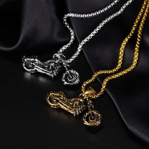 Vintage Mens Stainless Steel Biker Pendant Golden Silvery Motorcycle Pendant Necklace Male Long Box Chain Punk Hip Hop Jewelry