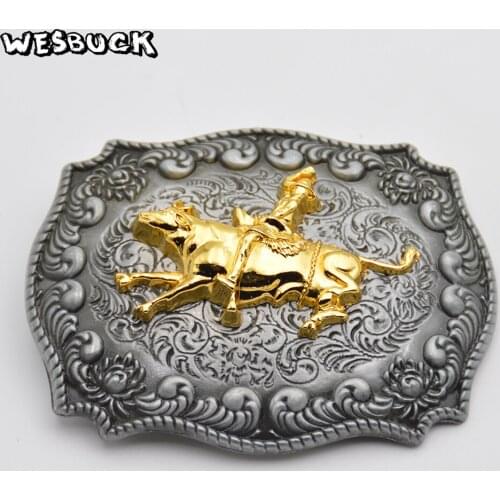 WesBuck Brand Black Pu leather belt men Vintage arabesque pattern with Gold Professional Bull Riders metal belt buckle With Belt