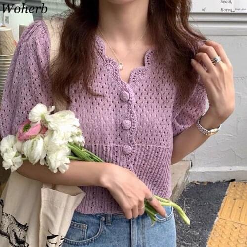 Woherb Women 2021Fashion Hollow Out Cropped Knitted Cardigan Sweater Vintage Puff Sleeve Female Outerwear Chic Tops Cardigans