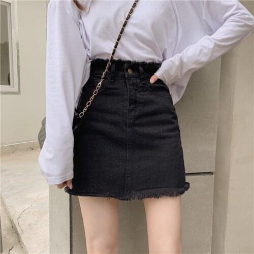 New high waist A word denim skirt skirt Two-color slim skirt womens row buckle Korean women package hip skirt