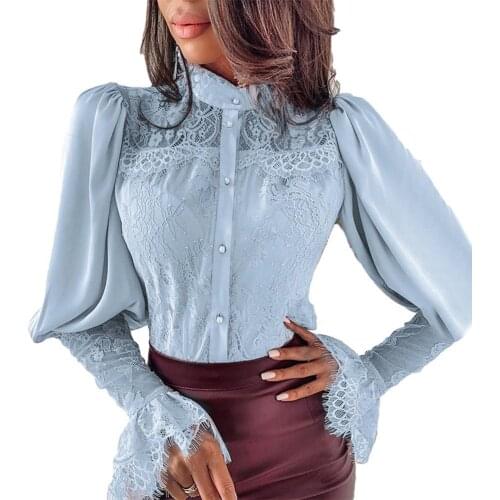 Woman Blouse Solid Color Stand Collar Long Flared Sleeve Lace Button Down Shirt Chiffon Blouses Lady 2021 Spring Fashion Shirt